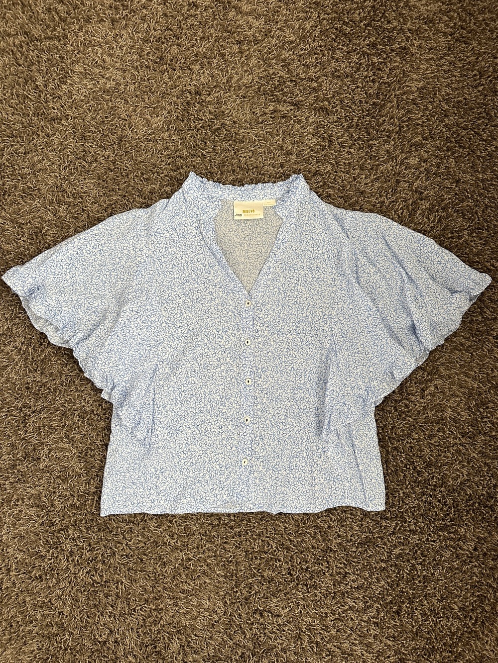Anthropologie Maeve Light Blue Floral Button-Front Flutter Sleeve Blouse Size S